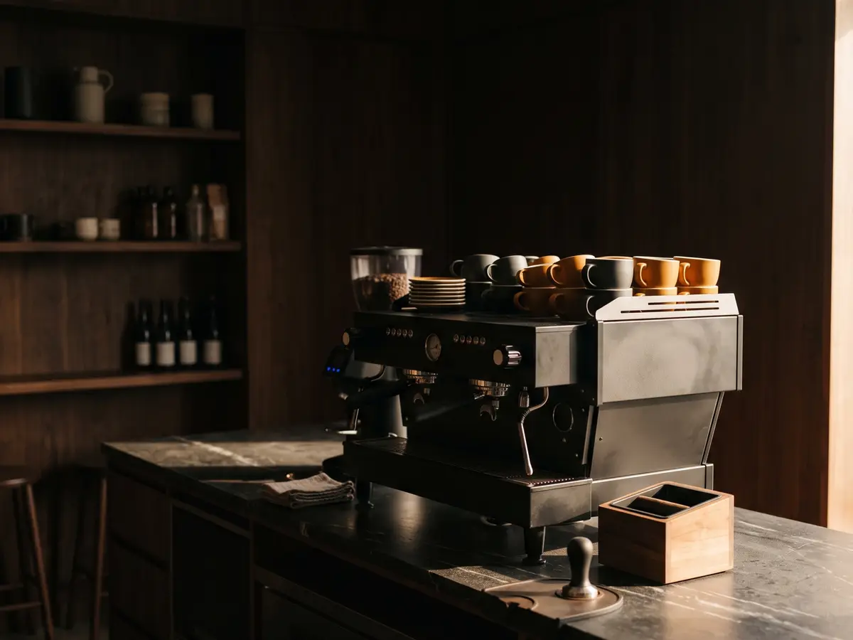 The espresso bar at opening, morning light across the counter