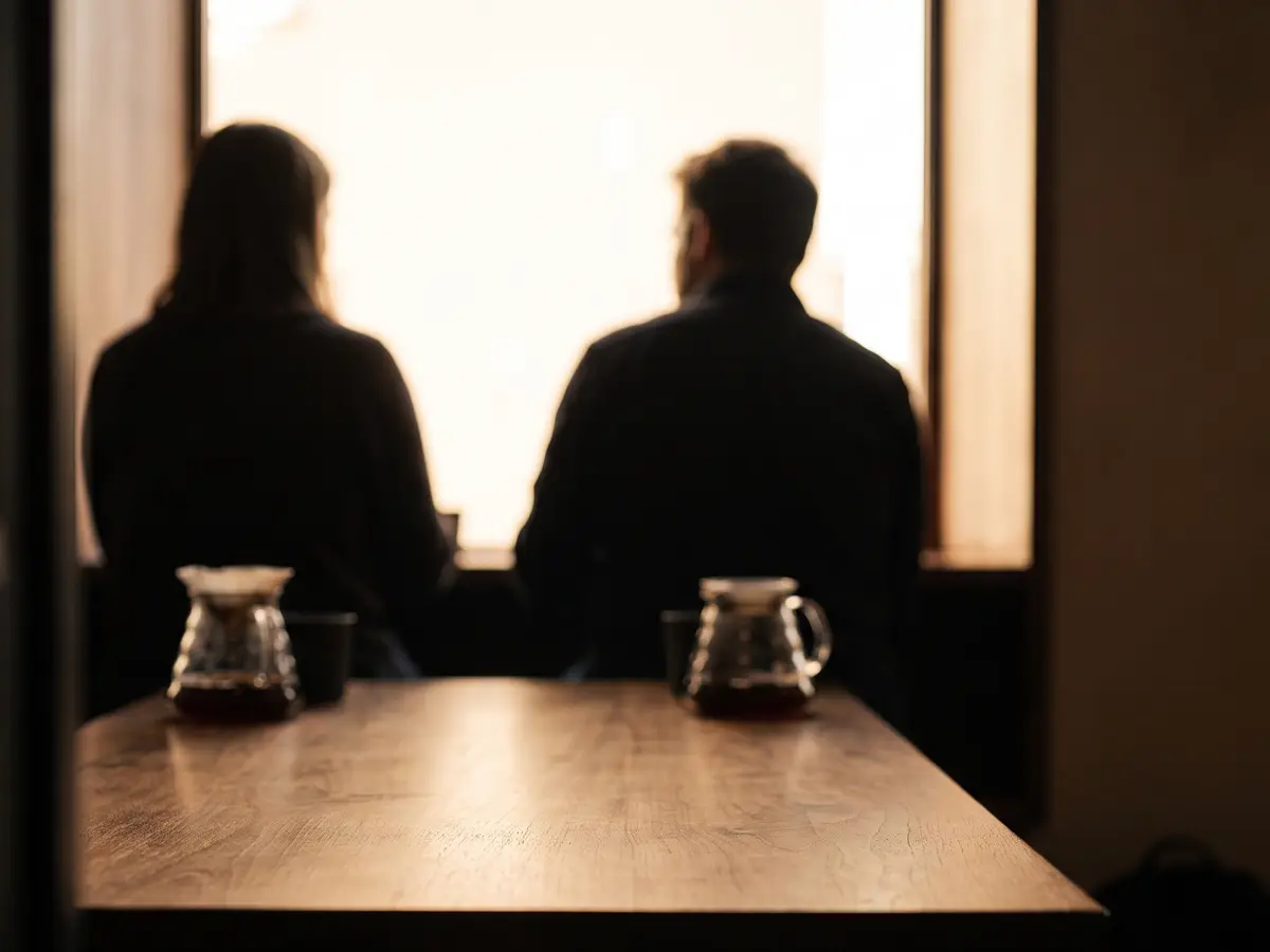 Two people at the window bench with filter coffee