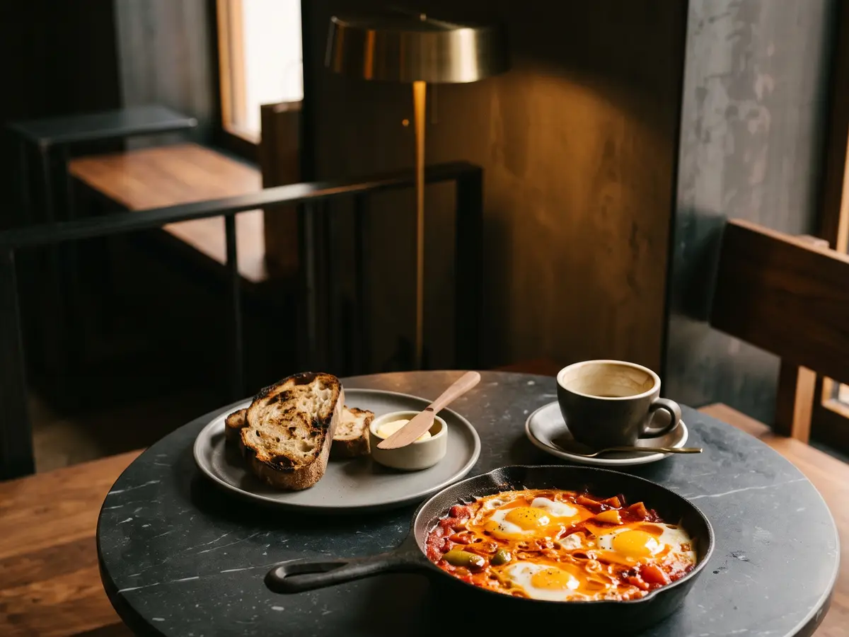 Shakshuka and sourdough on a marble table