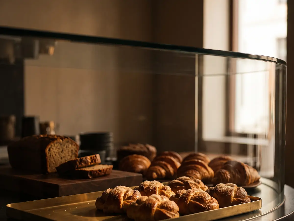 The bakery counter mid-morning, cardamom buns on a tray