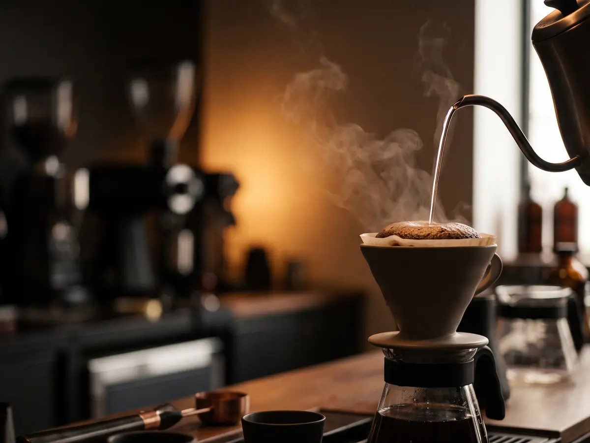 Pour over on the brew bar, kettle mid-pour